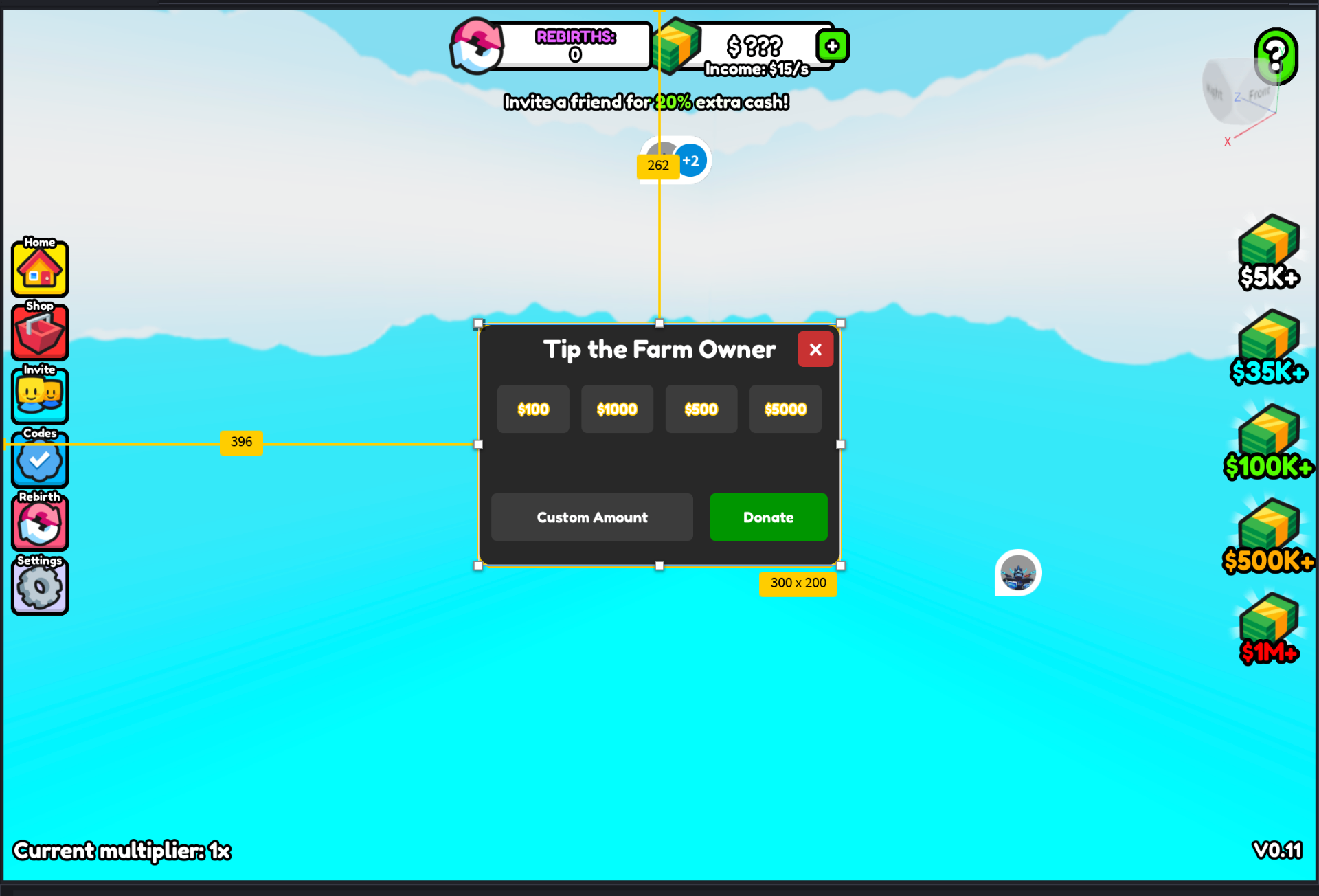 Farm game HUD with sidebar navigation and rewards