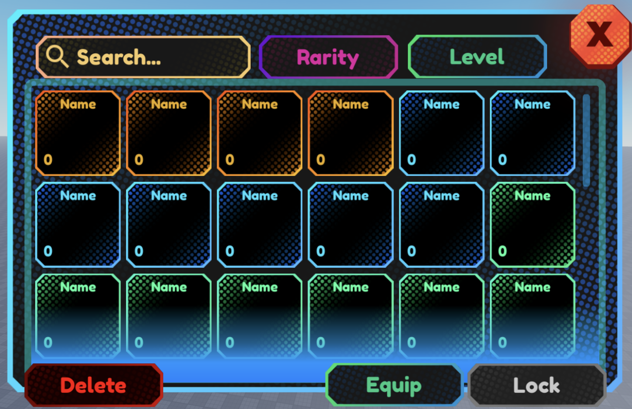 Inventory UI with search, rarity and level filters